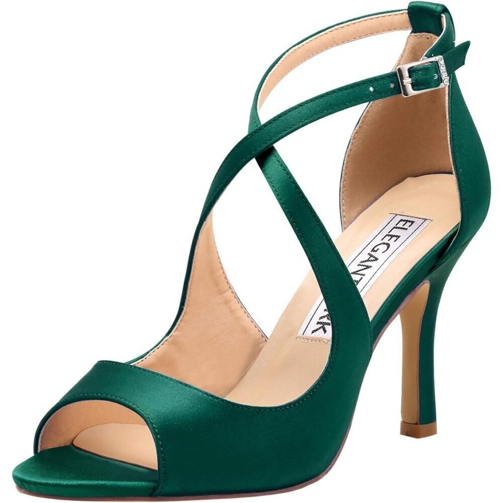 Elegantpark Women Green Satin Cross Strappy Peep Toe High Heels Sandals Shoes